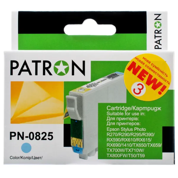 Картридж совместимый Epson T0815/T0825 XL (C13T11154A10/C13T11254A10) 410 стр, светло-голубой Patron (PN-0825)
