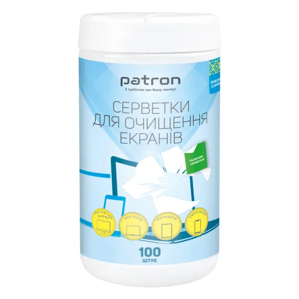 Салфетки для очистки экранов бумажные, туба 100 шт. Patron (F3-059)