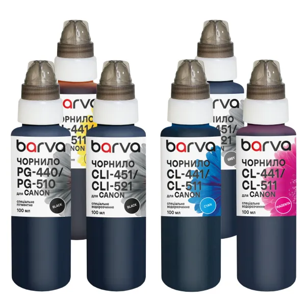 Комплект чернил для Canon PGI-520PGBK + CLI-521BK/C/M/Y/GY специальные 6x100 мл, пигментные/водорастворимые, PGBK/BK/C/M/Y/GY Barva (CPGI520-100-3MP)