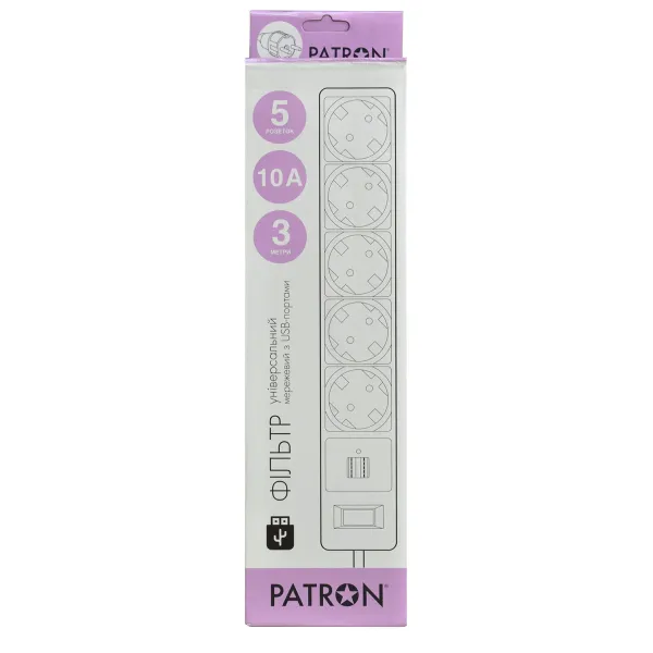Фильтр сетевой 5 розеток + 2 x USB 2.0 2.1A, 3 м, черный Patron (SP-53-USB) - Фото 3