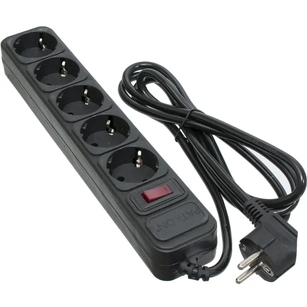 Фільтр мережевий 5 розеток, 1,8 м , чорний, 3*1мм2 Patron (SP-1052)