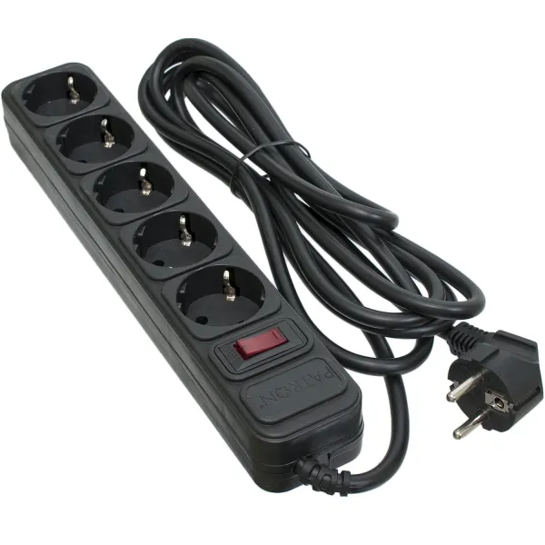 Фильтр сетевой 5 розеток, 3 м, черный, 3*1,5мм2 Patron (SP-1653)