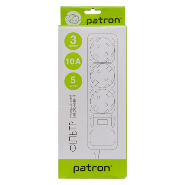 Фільтр мережевий 3 розетки, 5 м, 10 А, 250 В, 3*1мм2, сірий Patron (SP-1035-GR) - Фото 3