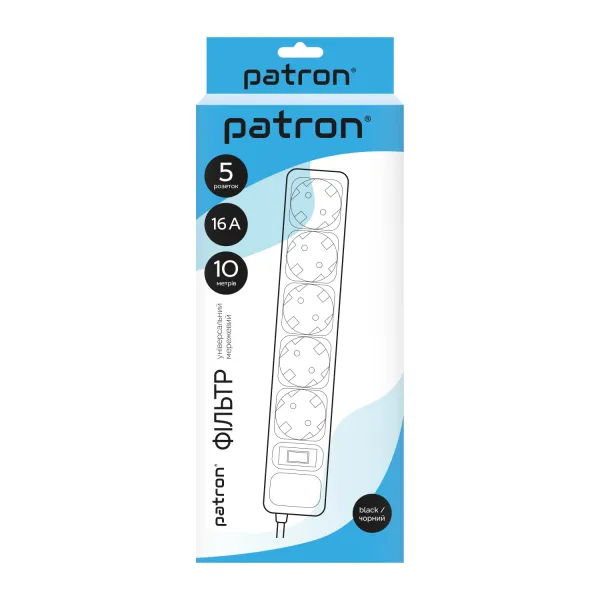 Фільтр мережевий 5 розеток, 10 м, чорний, 3*1,5мм2 Patron (SP-16510) - Фото 2