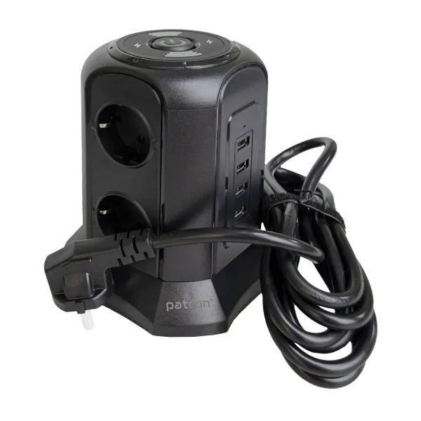 Фільтр мережевий 6 розеток + 4 х USB та бездротова зарядка, вежа, 3 м, 16 А, 250 В, чорний Patron Power (SP-1663-USBTW) - Фото 2