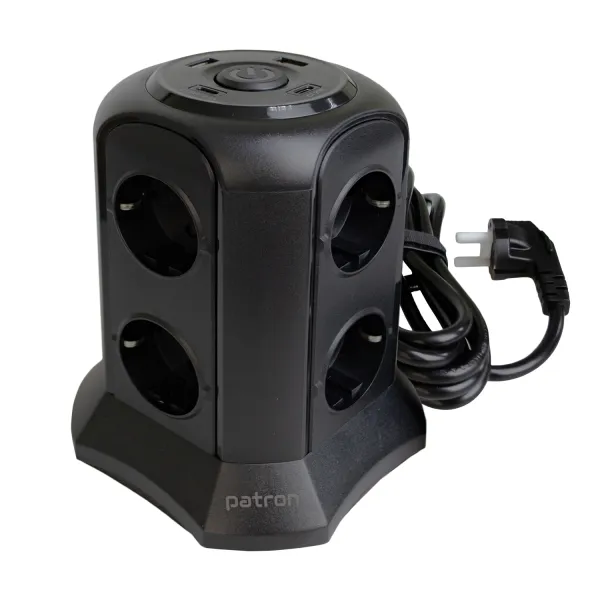 Фільтр мережевий 8 розеток + 2 х USB, 2 x USB-C, вежа, 3 м, 16 А, 250 В, чорний Patron Power (SP-1683-USBT) - Фото 3