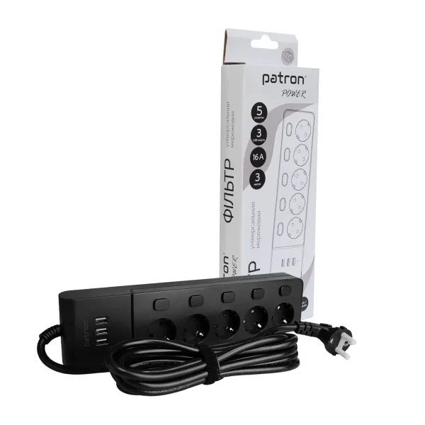 Фильтр сетевой 5 розеток + 3 х USB, 3 м, 16 А, 250 В, черный Patron Power (SP1653-USB)