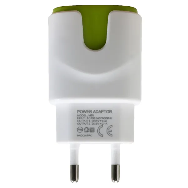 Устройство зарядное сетевое 2xUSB 2.0 2A/1A, бело-зеленое Patron (PN-2USB-220V-G) - Фото 2