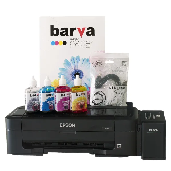 Комплект для друку Printer kit 4в1 Принтер L121 A4 Epson (C11CD76414) + чорнила Barva + папір Barva + кабель
